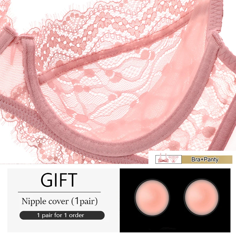 Fashion Pink Lace Bra And Panty Sets Plus Size Transparent Brassiere Floral Embroidery Underwear Set Women Sexy Lingerie A B C D