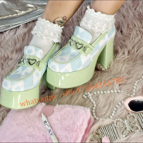 Pale Green Platform Mary Jane Shoes Heart Decor Round Toe Chunky Heel Floral High Heel Women Pink Leather Shoes