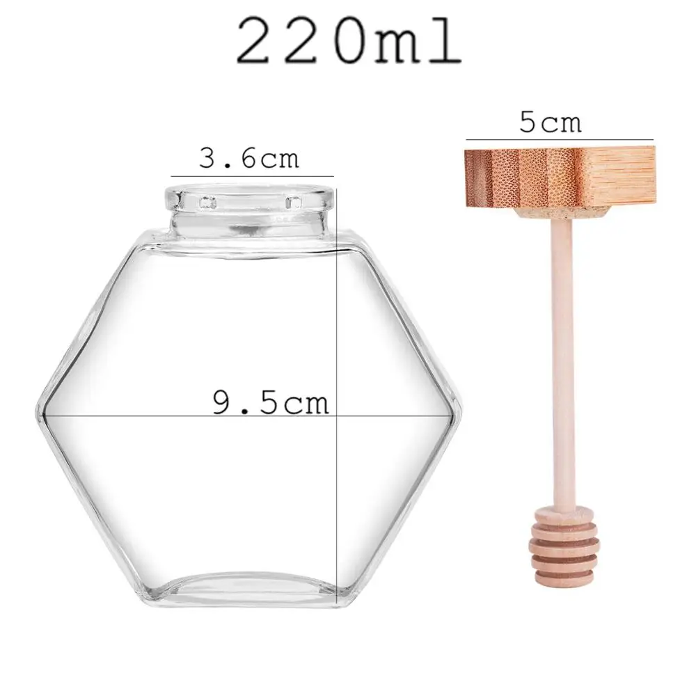 X60 Honey Pot 220ml/8oz Volume 12oz Honey Weight Hexagonal Glass Honey Jar with Wooden Dipper Cork Lid Cover for Home Kitchen