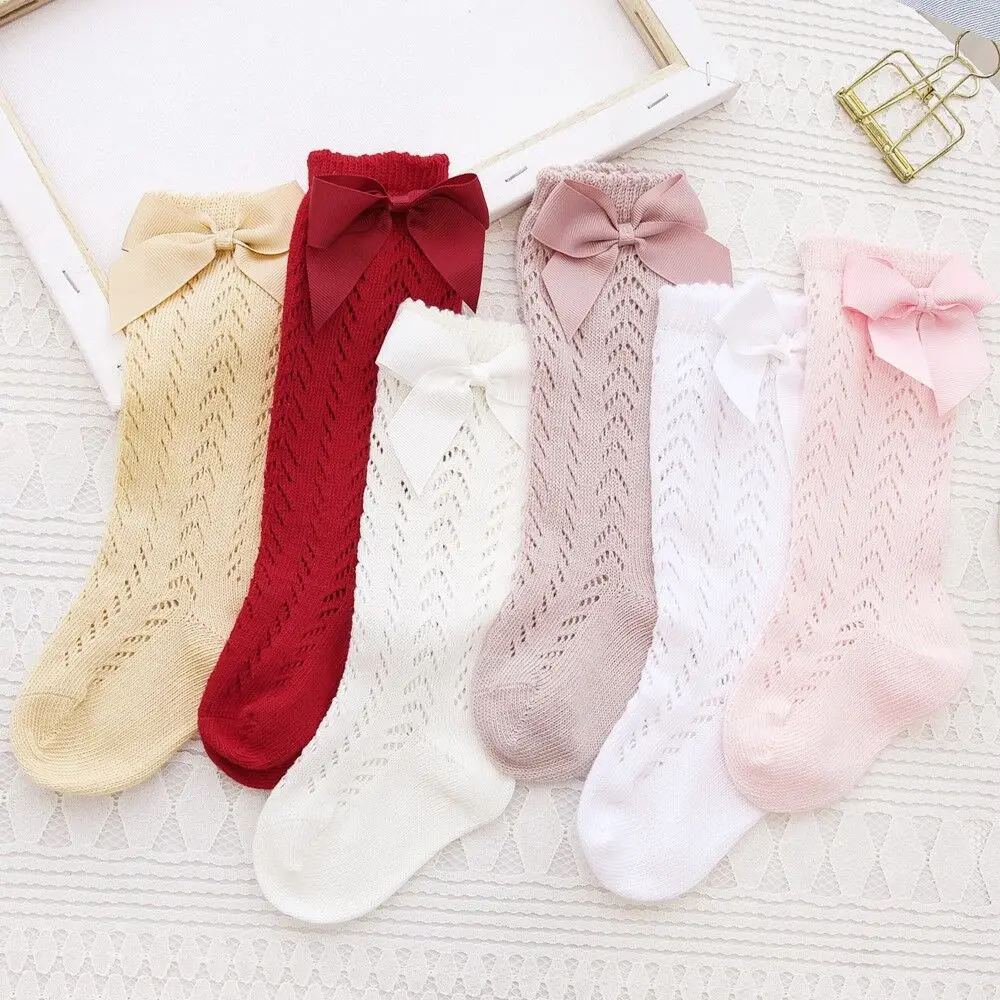 Cute Girls Knee High Socks Bows Cotton Breathable Soft Children Socks Hollow Out Non-slip Newborn Infant Long Socks 0-6Years