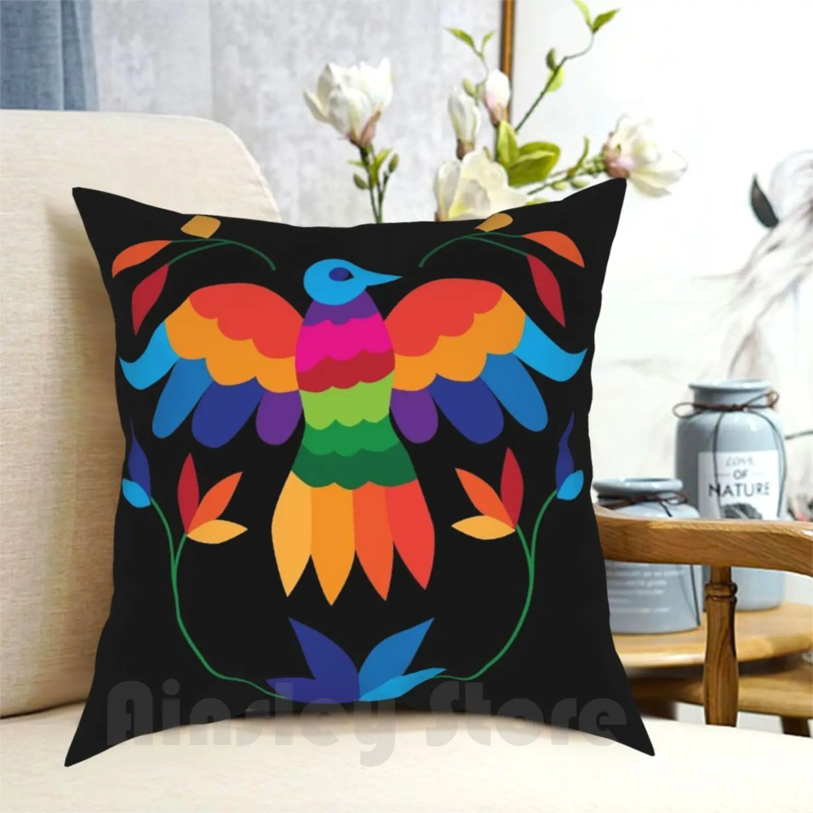 Pajarito Otomi Pillow Case Printed Home Soft Throw Pillow Otomi Mexico Mexican Flowers Pattern Colorful Culture Huichol