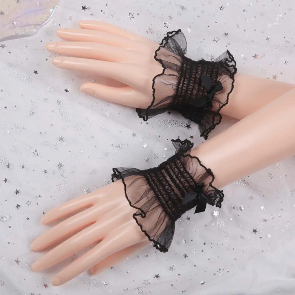 Korean Sweet Lolita Hand Wrist Cuffs Solid Color Bow Lace Maid Gloves For Women Cosplay Girl Party Hand Sleeves
