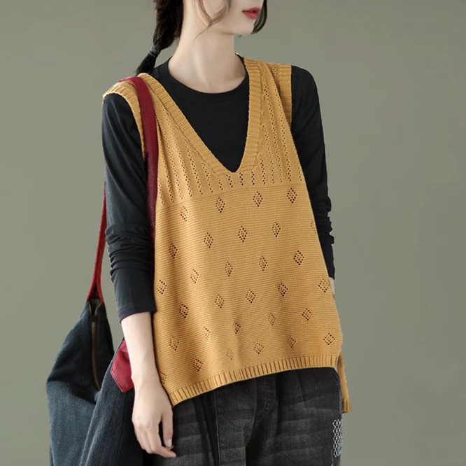 2021 New Spring Autumn Vintage Sweet Hollow Out Knitted Wool Women's Vest V-neck Pullover Girl Outdoor Leisure Simple Yellow