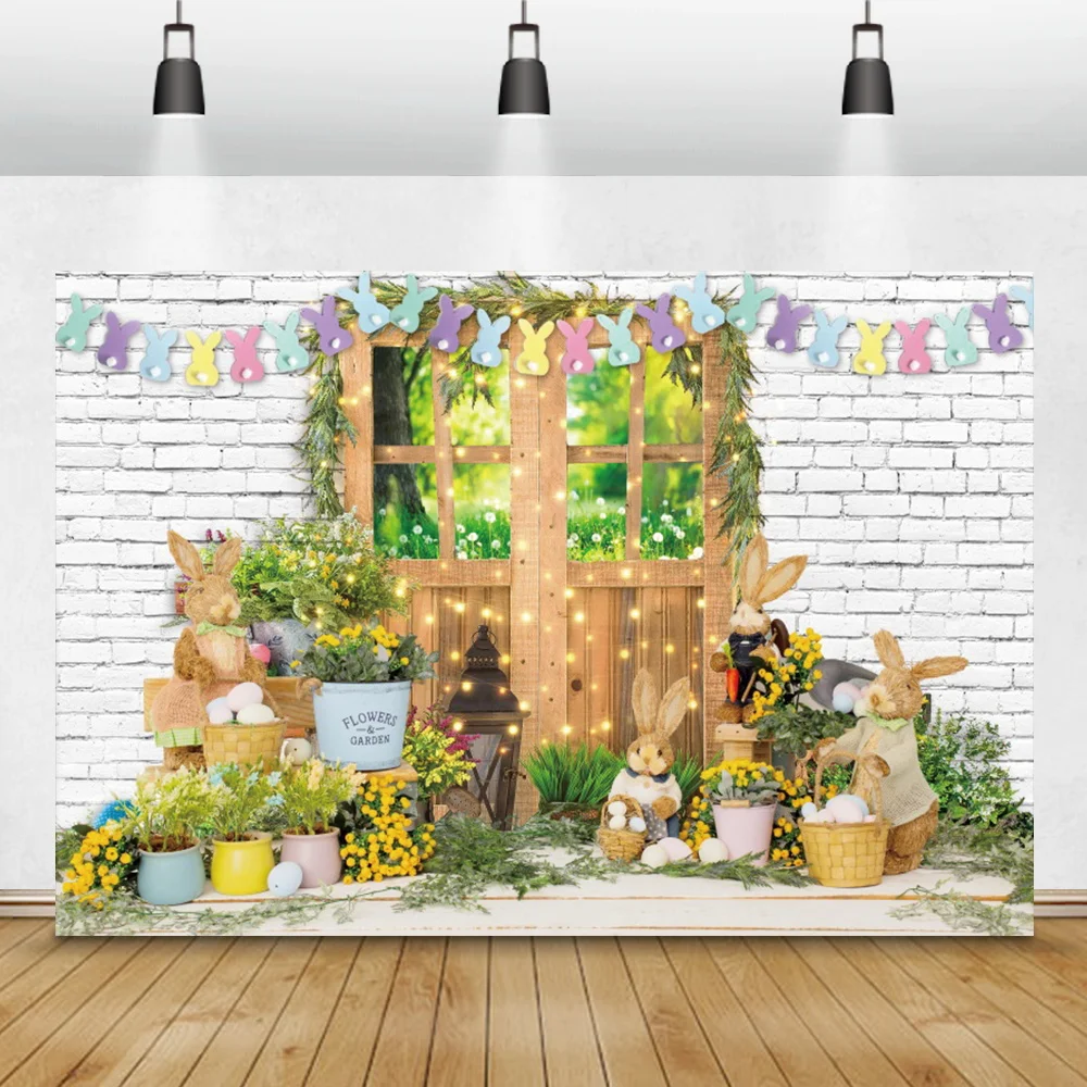 

Easter Backdrops For Photography Spring Flowers Rabbit Eggs White Brick Wall Wood Floor Baby Party Children Portrait Background