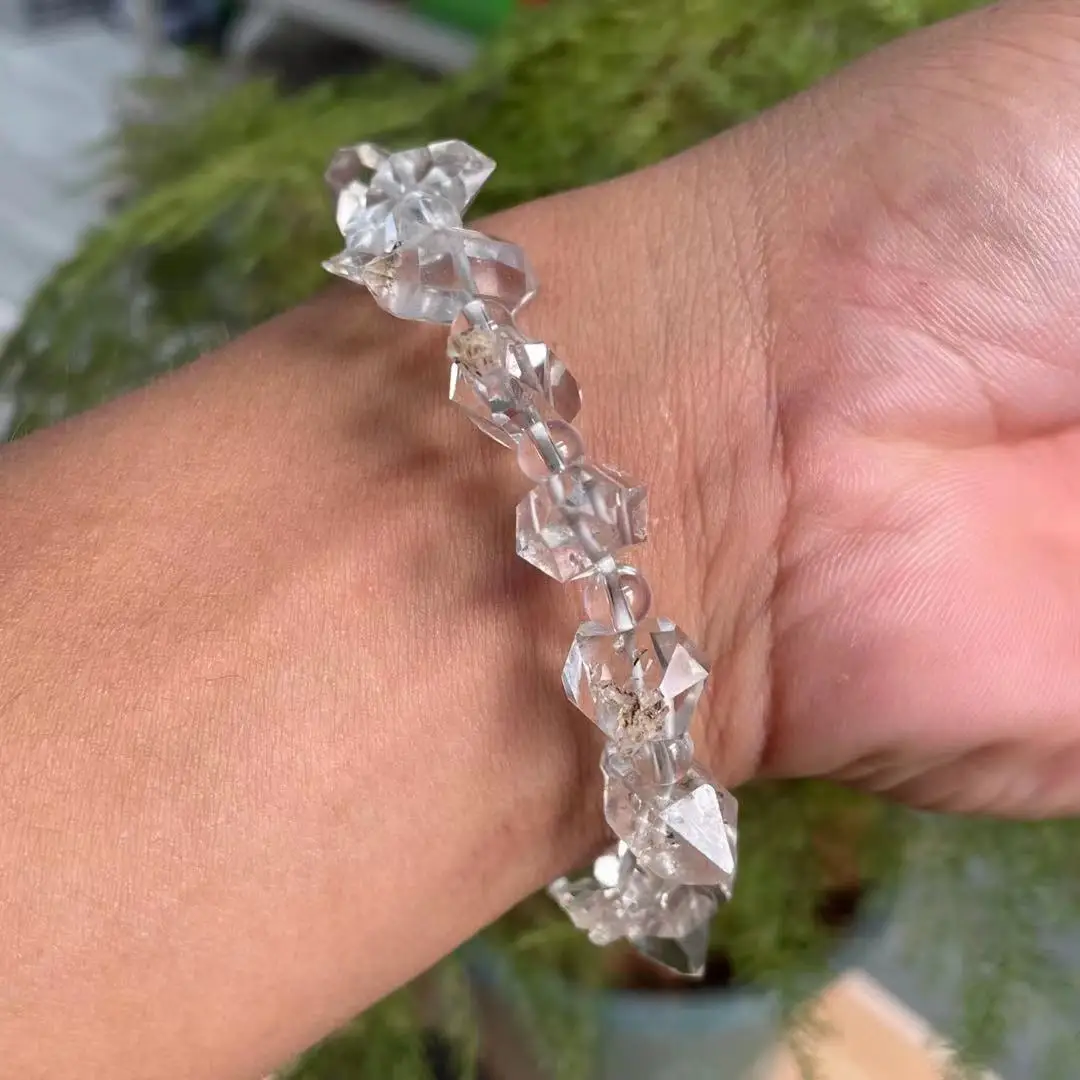 Diamond bracelet with natural rock and mineral herkimer raw quartz crystal bracelet