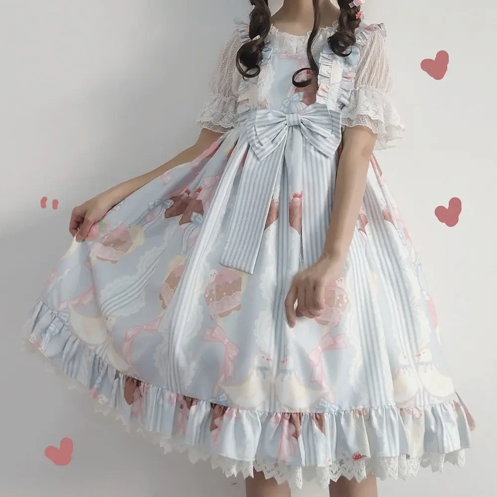 Estilo japonés Kawaii Lolita Jsk Drsss mujeres lindo estampado de dibujos animados encaje arco princesa vestidos niñas dulce fiesta Mini vestidos