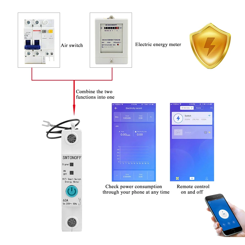 1P Jednofazowy licznik energii na szynę Din WIFI Inteligentny licznik energii Zużycie energii kWh Miernik watomierz z Alexą dla inteligentnego domu