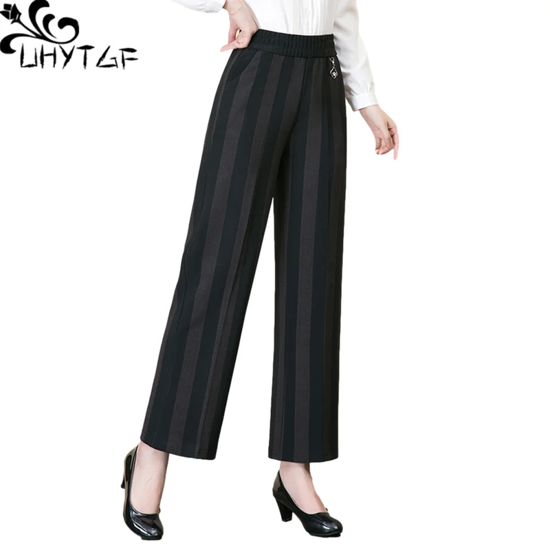 UHYTGF Fashion Elastic High Waist Spring Autumn Pants Womens Black Wide-Leg Pants Casual Loose 5XL Big Size Trousers Female 1356