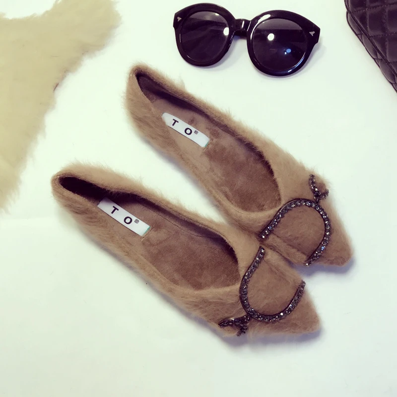 31-45 big size mink fur fur flats female new winter warm shoes woman pointy black furry moccasins plush cotton shoes for women 2