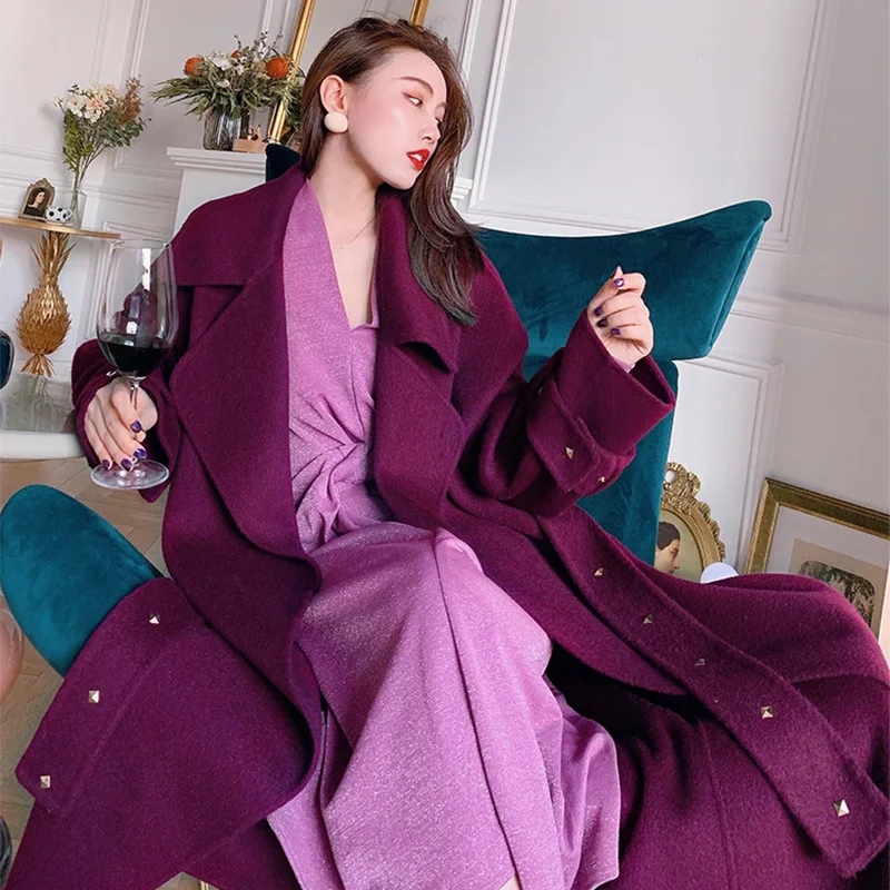 

Elegant Double-faced Woolen Coat Women Winter Purple Lace-up Double-faced Cashmere Coat Vintage Oversized Loose Wool Overcoat