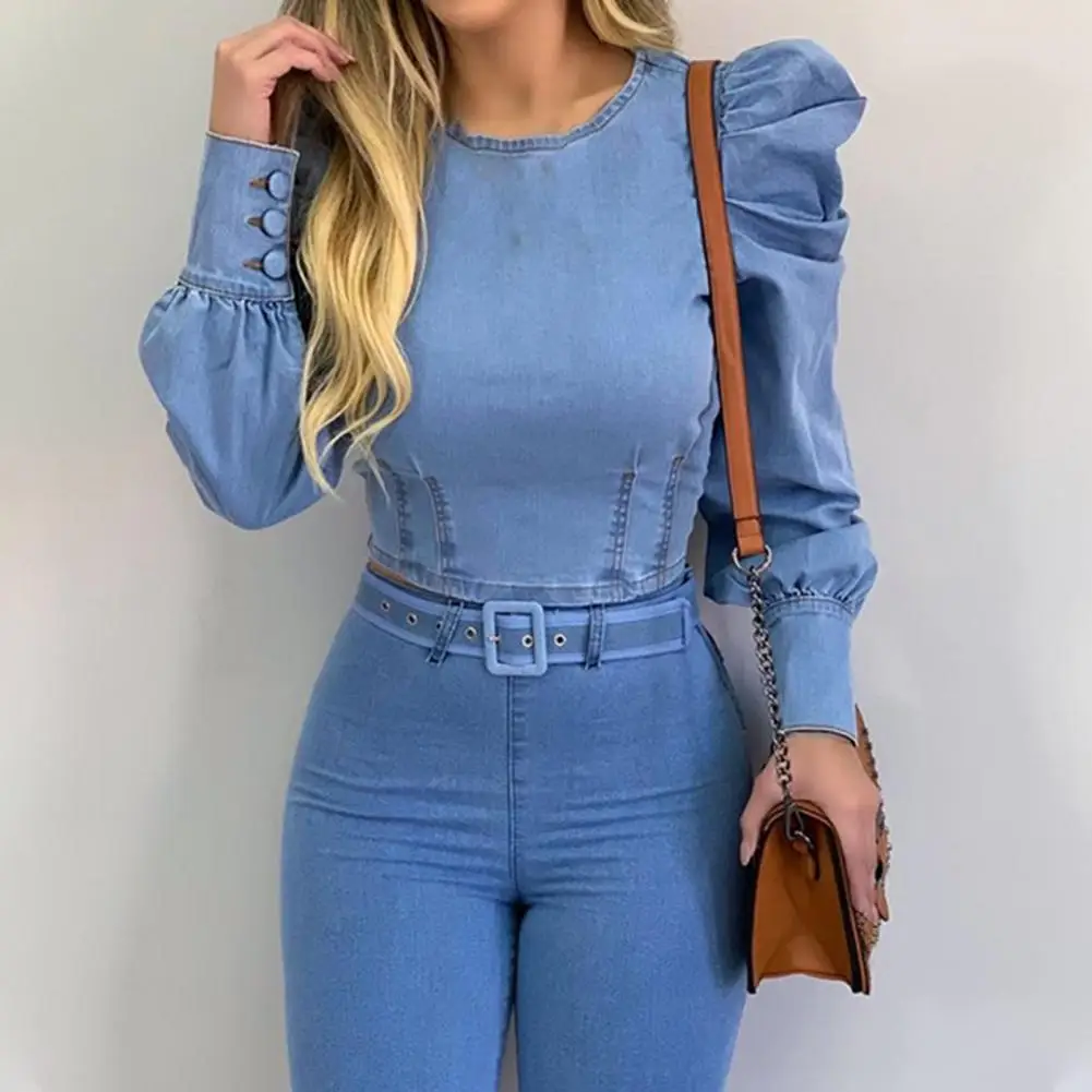 Women Blouse Puff Sleeve Solid Color Spring Autumn Sexy Long-Sleeved Imitation Denim Shirt for Party