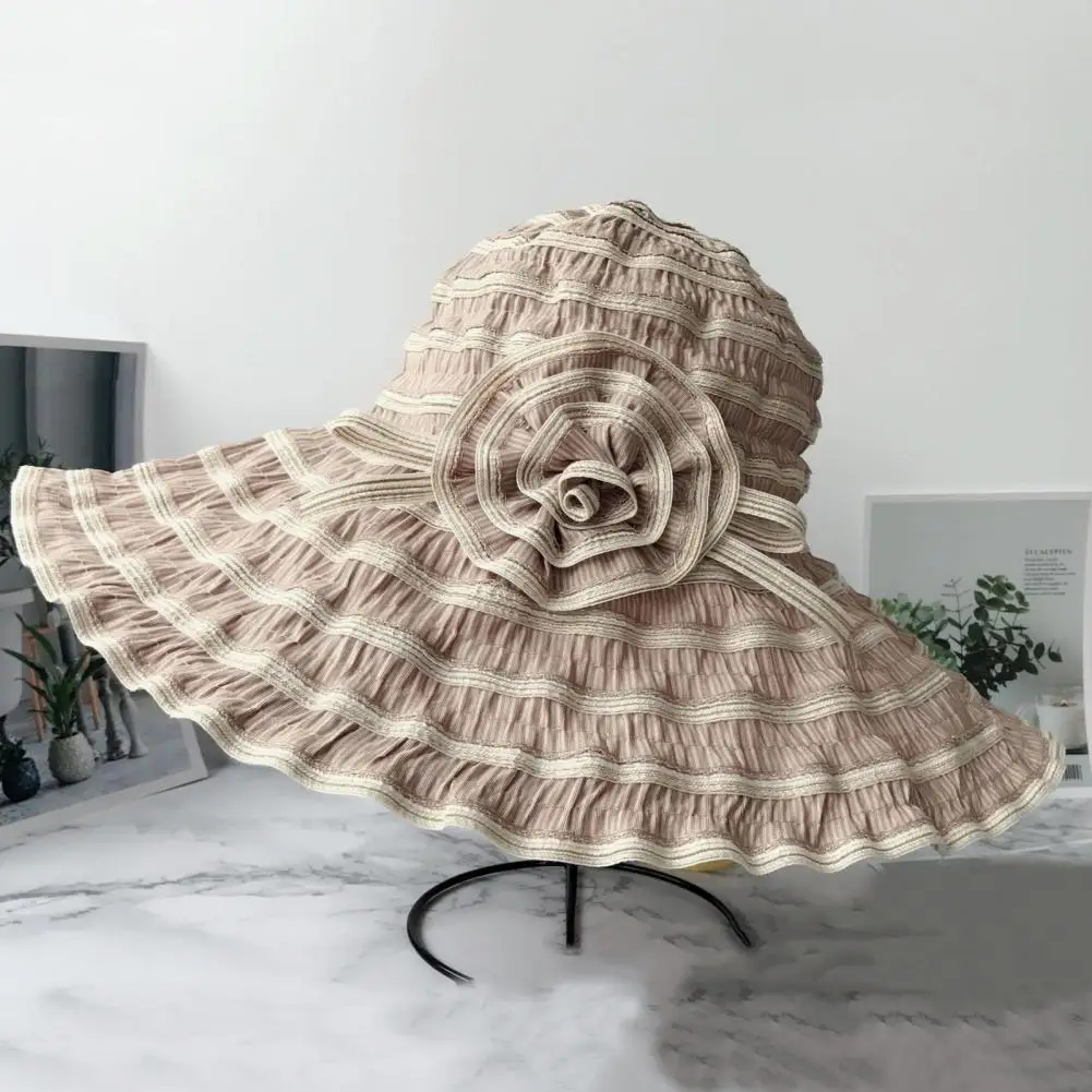 

Women Sun Hat Beach Caps Sunscreen Striped Foldable Sun Cap Flower Decor Wide Brim Women Beach Hat шапка женская