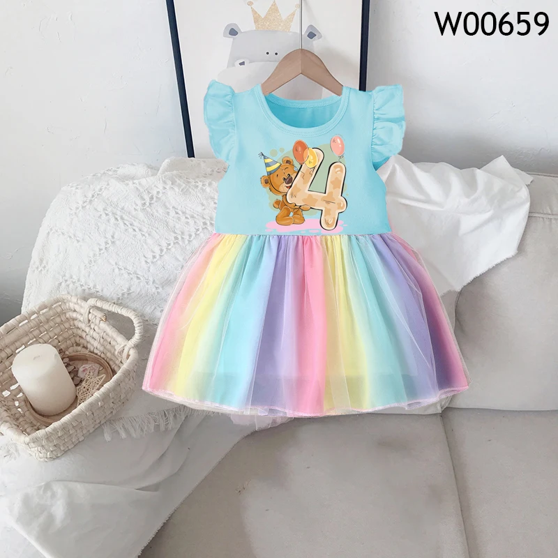 Birthday Princess Dress Summer Girls Rainbow Colorful Birthday Wedding Dresses 1-4 Years Sweet Kids Party Children Clothes