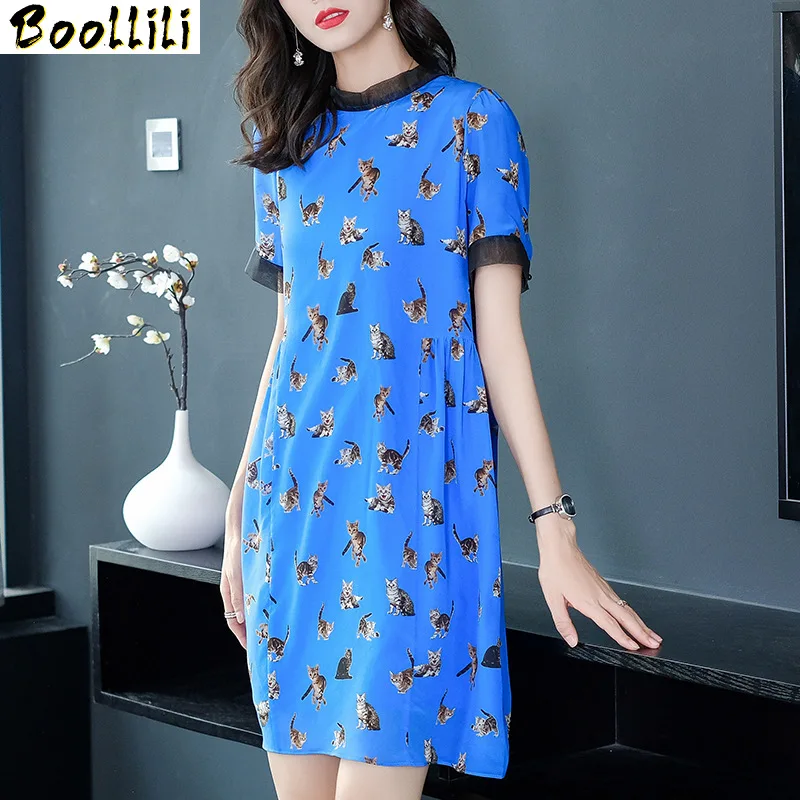 

Real Silk Boollili Dress Women Summer Dress Korean Office Lady Print Midi Dress Elegant Party Dresses Vestidos Mujer