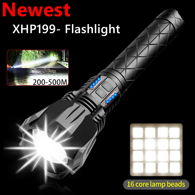 

10000mAH Super Bright XHP199 LED Flashlight Mechanical Zoom USB Rechargeable High Powerful Torch Waterproof 28650 Tactical Flash