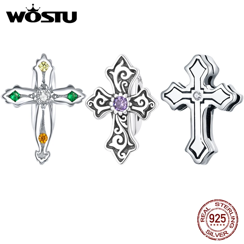 

WOSTU 925 Sterling Silver Vintage Pattern Cross Charm Bead Pendant Fit Original Bracelet Necklace For Women Jewelry CTC583