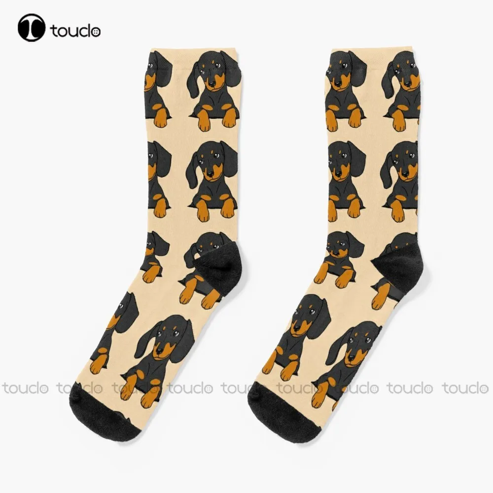 Dachshund Puppy In Your Pocket Cream Beige Socks Black Socks Men Christmas New Year Gift Custom Gift Unisex Adult Women Men Sock