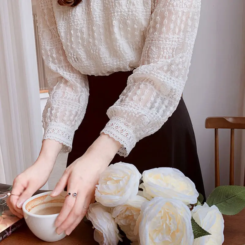 Blouse Women Elegant Embroidery Spring Long Sleeve French Style Vintage Office O-neck Feminine Tops White All-match Leisure New