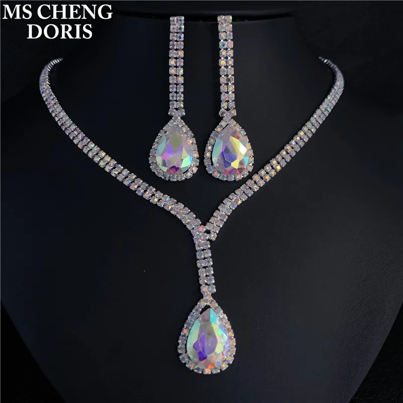 AB Color Jewelry Sets Water Drop Earrings Jewelry Set Rhinestones For Women Pendant Necklace/Earrings Wholesale