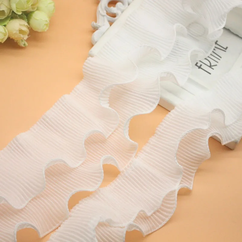 6.5CM double Layers Pleated Chiffon Lace Fabric Fringe Ribbon Wedding Dress Collar Elastic Ruffle Trim DIY Sewing Supplies 20m