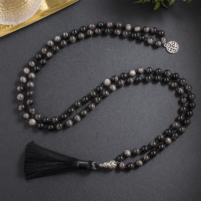 8mm Natural Obsidian Beaded Knotted 108 Mala Necklace Meditation Yoga Rosary Jewelry  for Men and Women