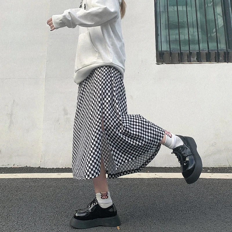 Tooling Harajuku Streetwear Diablo Style Women Skirt Vintage Plaid Split Fork Design High Waist A-Line Loose Casual Long Skirt