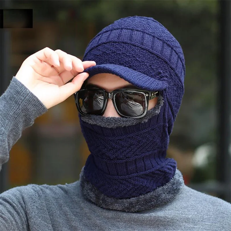 Conjunto de cachecol de inverno para homens e mulheres, malha quente, de pelúcia, com capuz, cachecol com aba, viseira masculina, gorros adultos,