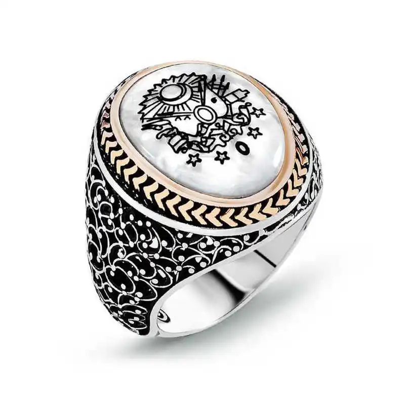 Silver Ottoman State Coat of Arms Mother of Pearl Men's Ring - 925 Sterling Men's Jewelry Wedding Birthday Gift - Box - Zircon Stone - Men - Fashion - Botiva - Size - Turkish - Patterned Embroidery