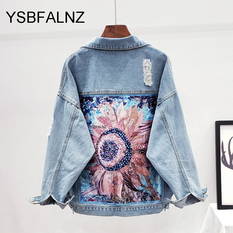 Women Denim Jacket Feminine Spring Autumn Boho Sequin Floral Appliques Embroidery Coat Long Sleeve Outerwear Female Veste Femme