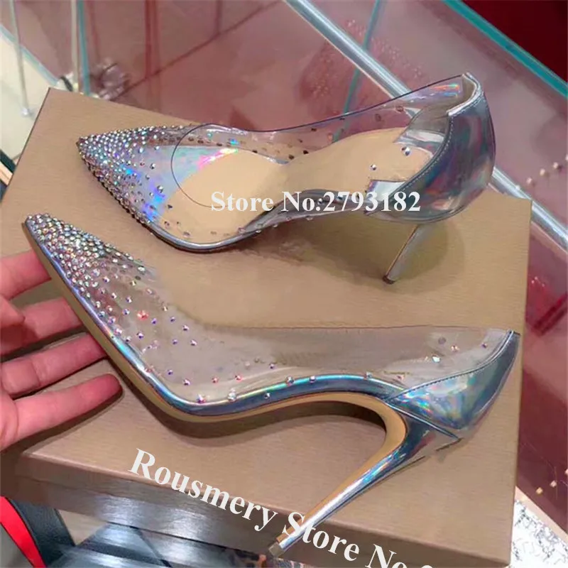 Senhoras brilhando dedo do pé apontado pvc retalhos stiletto salto strass bombas deslizamento-on cristal transparente saltos altos casamento