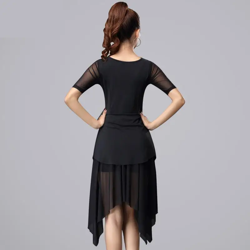 Women Fashion Sexy Mesh Short-sleeve Latin Dance Tassel One-piece Dress For Women/female, Ballroom Tango Cha Cha Rumba Costumes