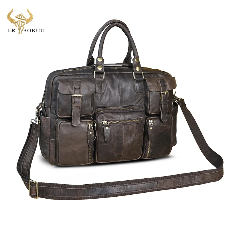 Men Real Genuine Leather Vintage Large Capacity Travel Briefcase Business 15.6\