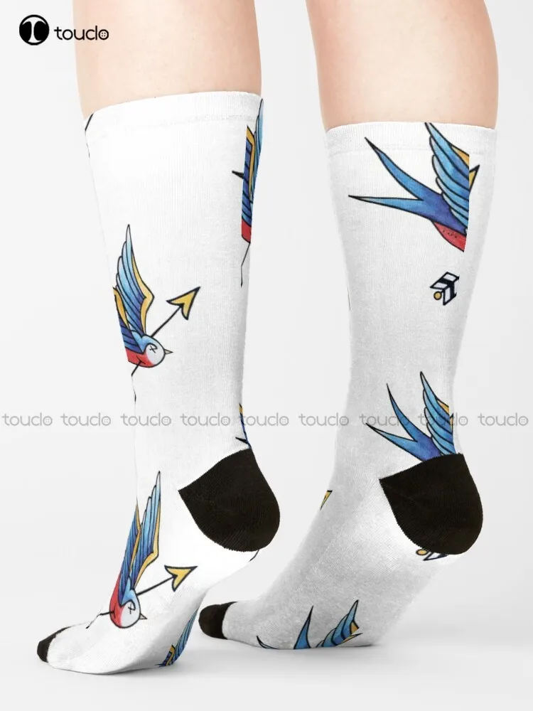 Wounded Blue Swallow Tattoo Socks Brown Socks Christmas Gift Unisex Adult Teen Youth Socks Custom 360° Digital Print Women Men