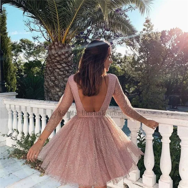 Robe de Cocktail en Tulle rose à paillettes, manches 3/4, au-dessus du genou, dos nu, courte, Sexy, robes de fête, 2021