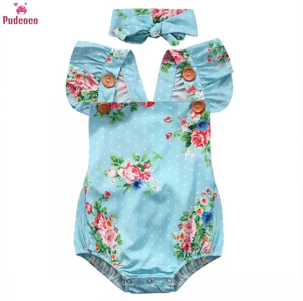 Newborn Baby Girls Floral One-pieces Romper Sunsuit Headband Clothes Set 0-24M