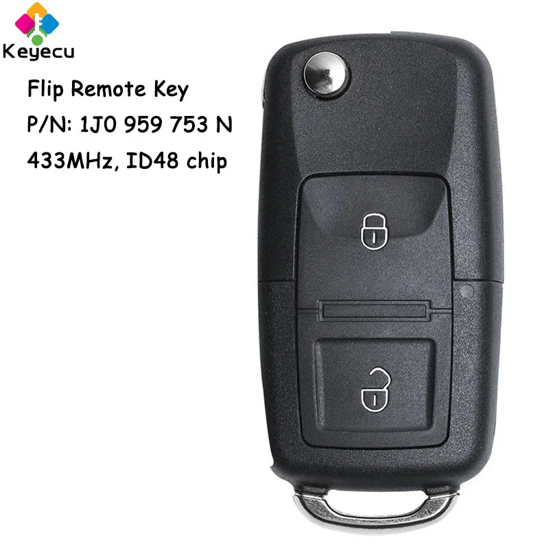 KEYECU Flip Remote Car Key With 2 Buttons 433MHz ID48 Chip for Volkswagen Beetle Bora Polo Golf Passat Fob P/N: 1J0 959 753 N