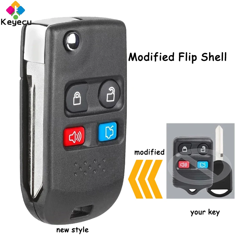 

KEYECU Modified Folding Remote Key Shell Case With 4 Buttons - FOB for Ford Focus Complete Escape Mustang Explorer Lincoln Town