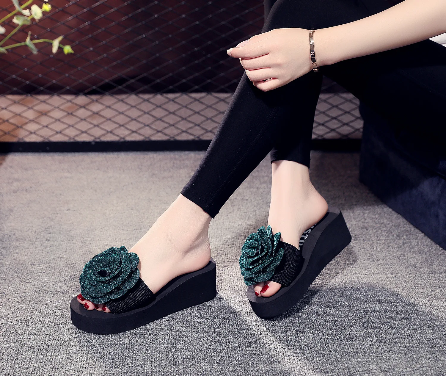 High Heel Wedges Slippers For Elegant Women Summer Romantic Valentine Beach Casual Shoes Female Outdoor Open Toe Flower Slipper