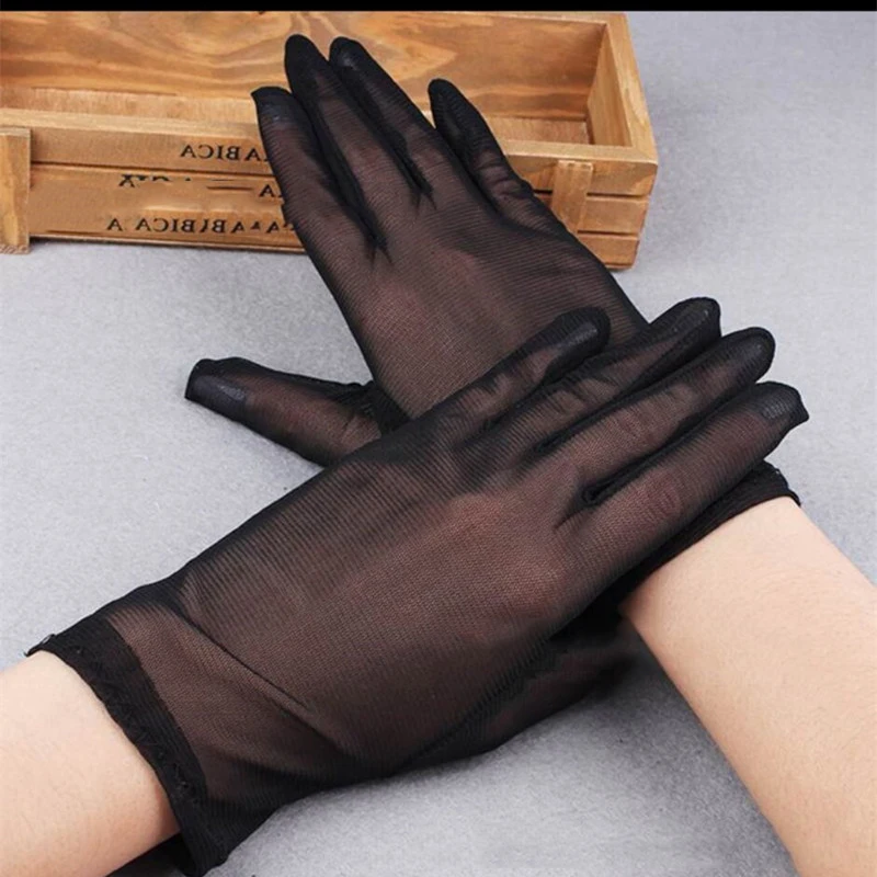 Guantes Retro finos de encaje transparente para mujer, protector solar de color negro, largo y corto, cubre cicatrices, elasticidad, 23cm, 38cm,