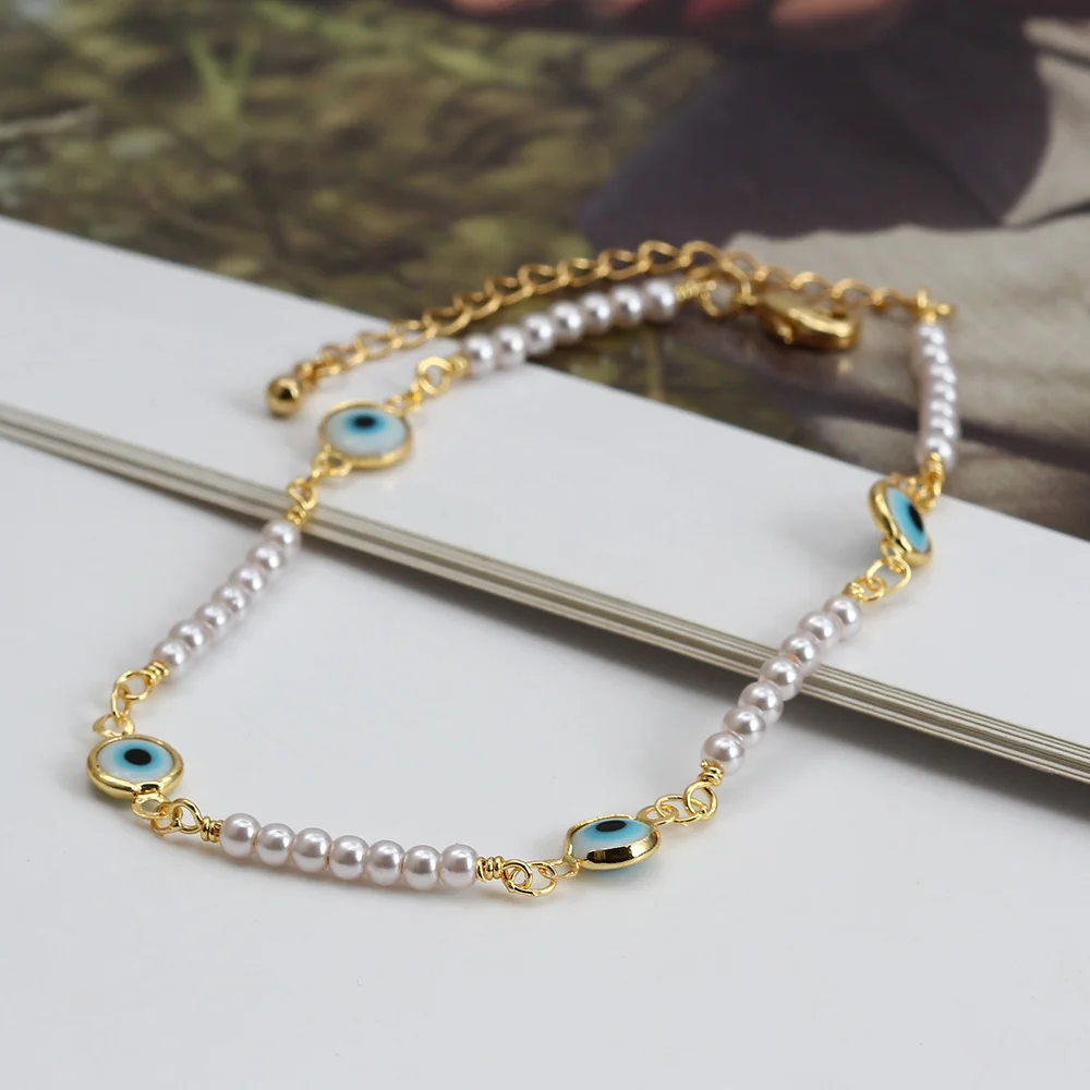 Lucky Eye Adjustable Simulated Pearl Beaded Bracelet Blue Turkish Evil Eye Charm Bracelet for Women Girls Fashion Jewelry BE462