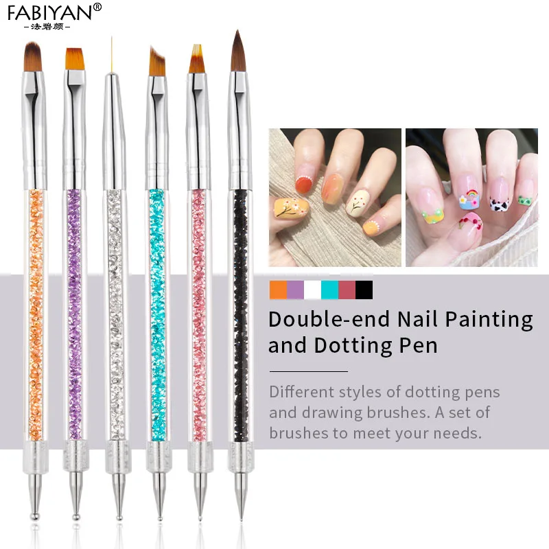 

6Pcs 2 Way Nail Art Dotting Pen Acrylic Polish Drawing Liner Flower Brush Extension Rhinestone DIY Tools Manicure