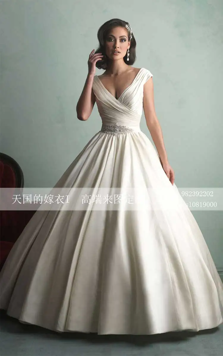 섹시한 v-목 캡 슬리브 빈티지 웨딩 드레스 볼 가운 신부 드레스 2015 vestido de noiva casamento button crystal sashes pleat