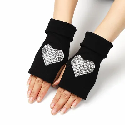 Winter Handschuhe Damen Strass Schädel Diamant Krone Halb Finger frauen Handschuhe Mode Warme Gestrickte Schwarze Fäustlinge A573