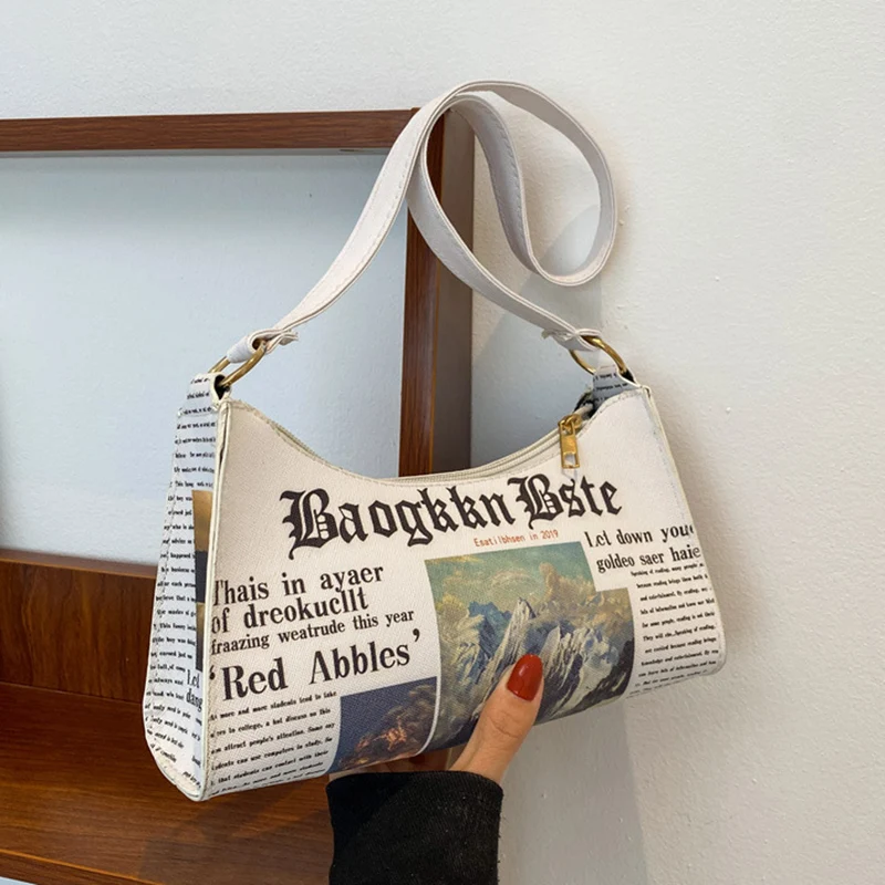 Fashion Shoulder Bags for Women Newspaper Printed Leather Armpit Handbag Female Underarm Purse Clutch