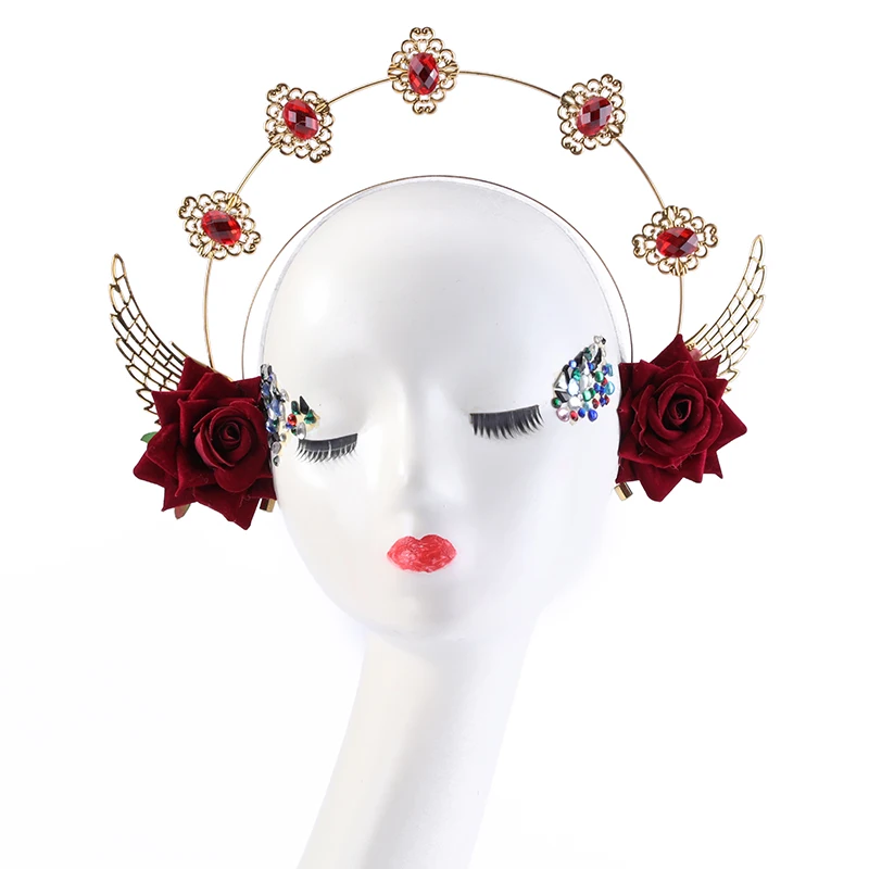 Baroque Sun Goddess Halo Headpiece KC Gothic Rose Wings Crystal Headband Tiara Halo Crown Headband Lolita Hair Accessories