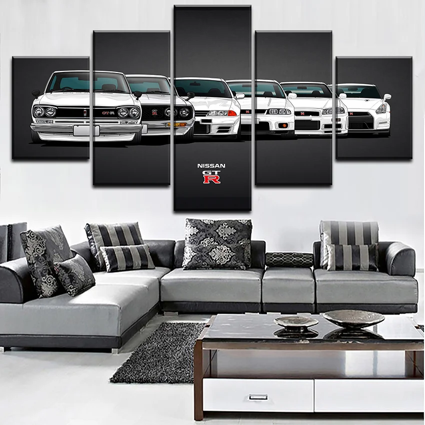 Canvas Wall Art Prints, White Sports Car Pictures Modern Home Decorative Artwork, Framed Living Room Decoration Paintings, 5 PCs