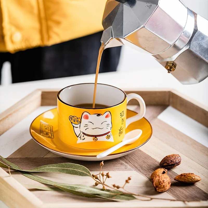 Coffee Cup Waterware Lucky Cat Dish Saucer Spoon Set Gift Box Japanese Green Handle Cartoon Tea Drinkware Home Kitchen Supplies