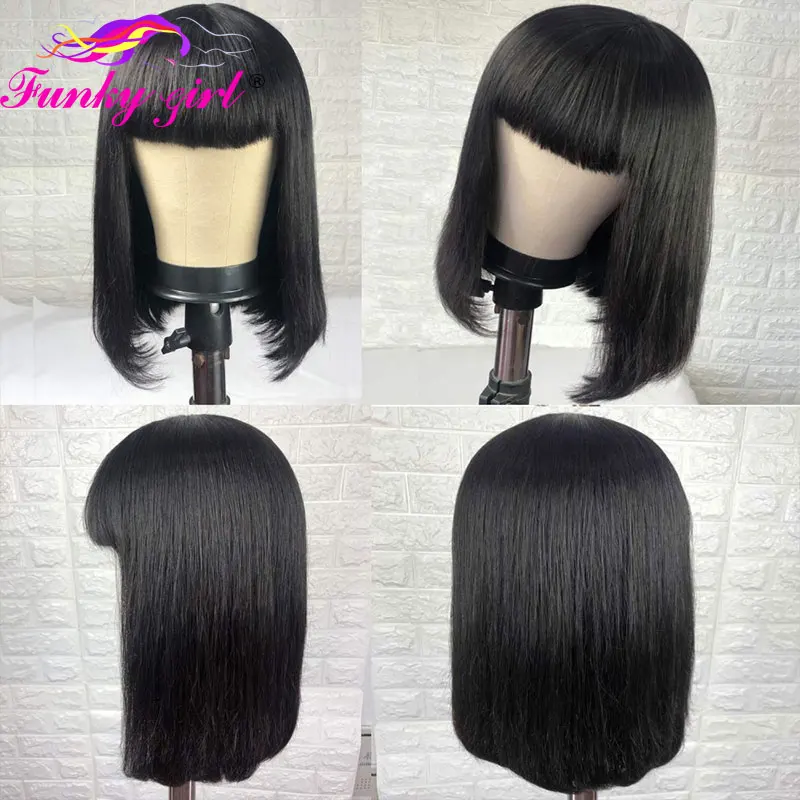 Straight Short Bob Human Hair Wigs With Bang Brazilian Remy Human Hair Bob Wig Transparent 13x6x1 T Part Lace Wigs Natural Color