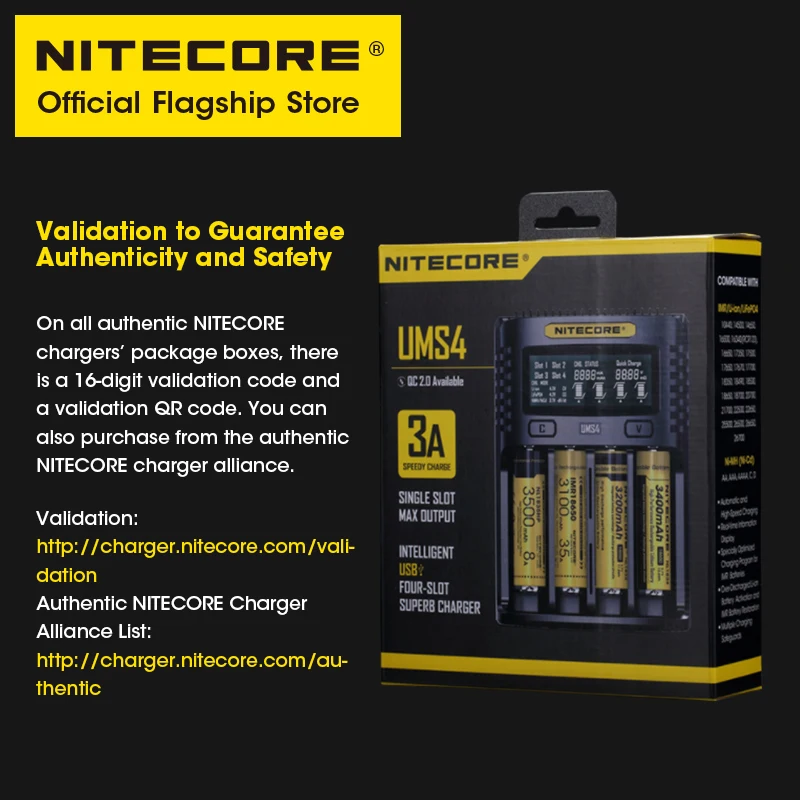 Nitecore ums4 quatro slots carregador de bateria inteligente USB-C 4a qc carregamento rápido excelente carregador para 18650 14500 26650 21700 aa aaa