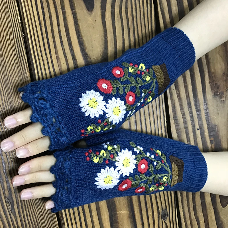 Fashion Womens Autumn Knitted Handmade Embroidery Gloves Embroidered Sun Flowers Mid Long Half Finger Warm Wool Winter Gloves